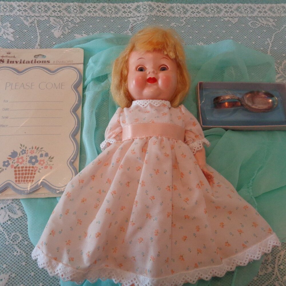 RETRO ENGLISH GIRL DOLL & Baby Folded Spoon Plus Hallmark Invitations Lot